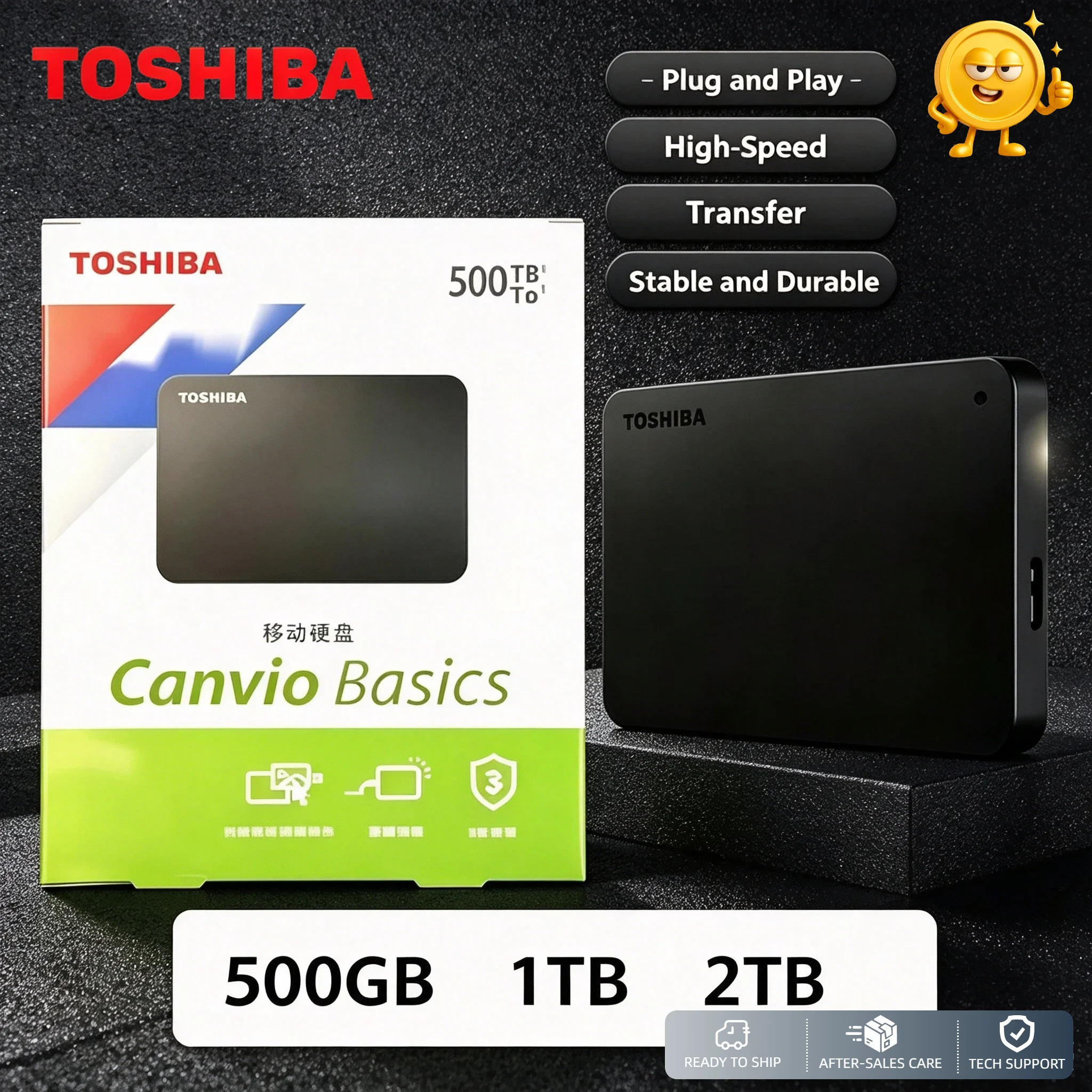 Toshiba A3 Portable External Hard Drive 500GB 1TB 2TB Canvio Basics USB 3.0 Black for Gaming Console Office Gift