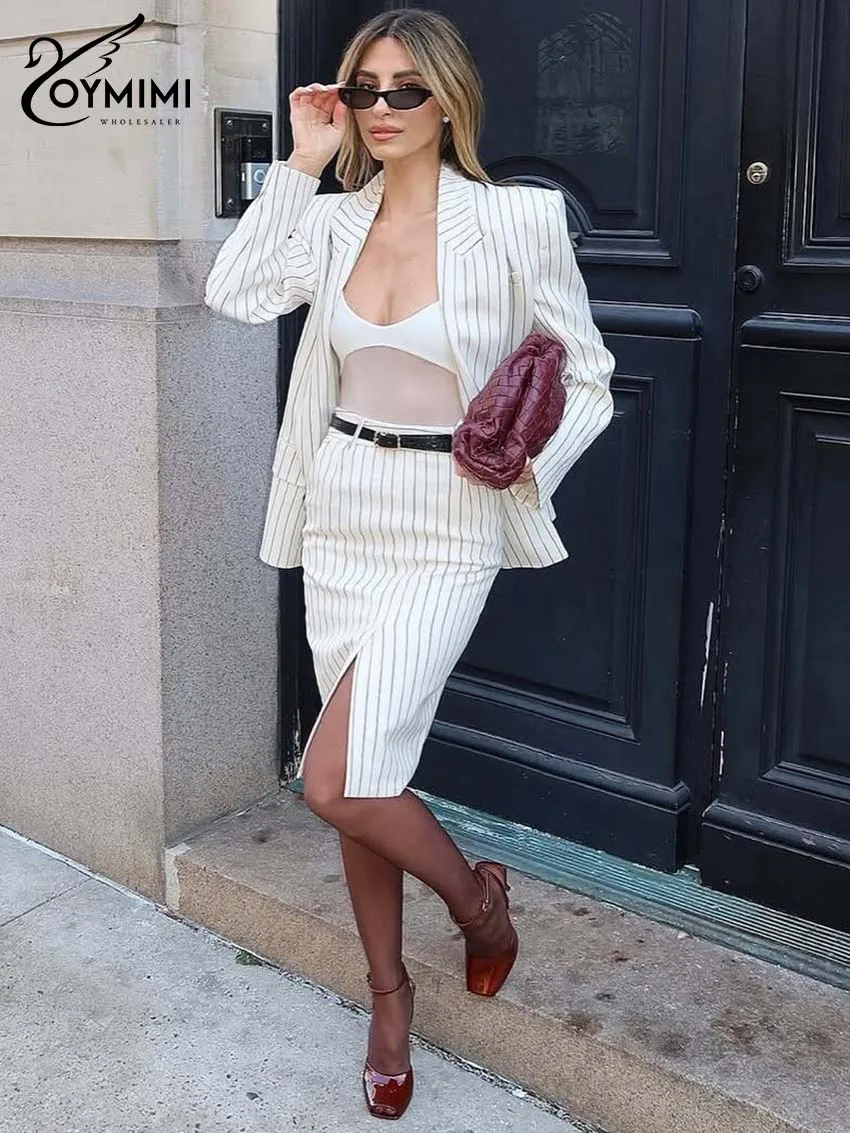 Oymimi Elegant White Print 2 Pieces Set For Woman Fashion Long Sleeve Pockets Button Shirts And Straight Side Slit Skirts Sets