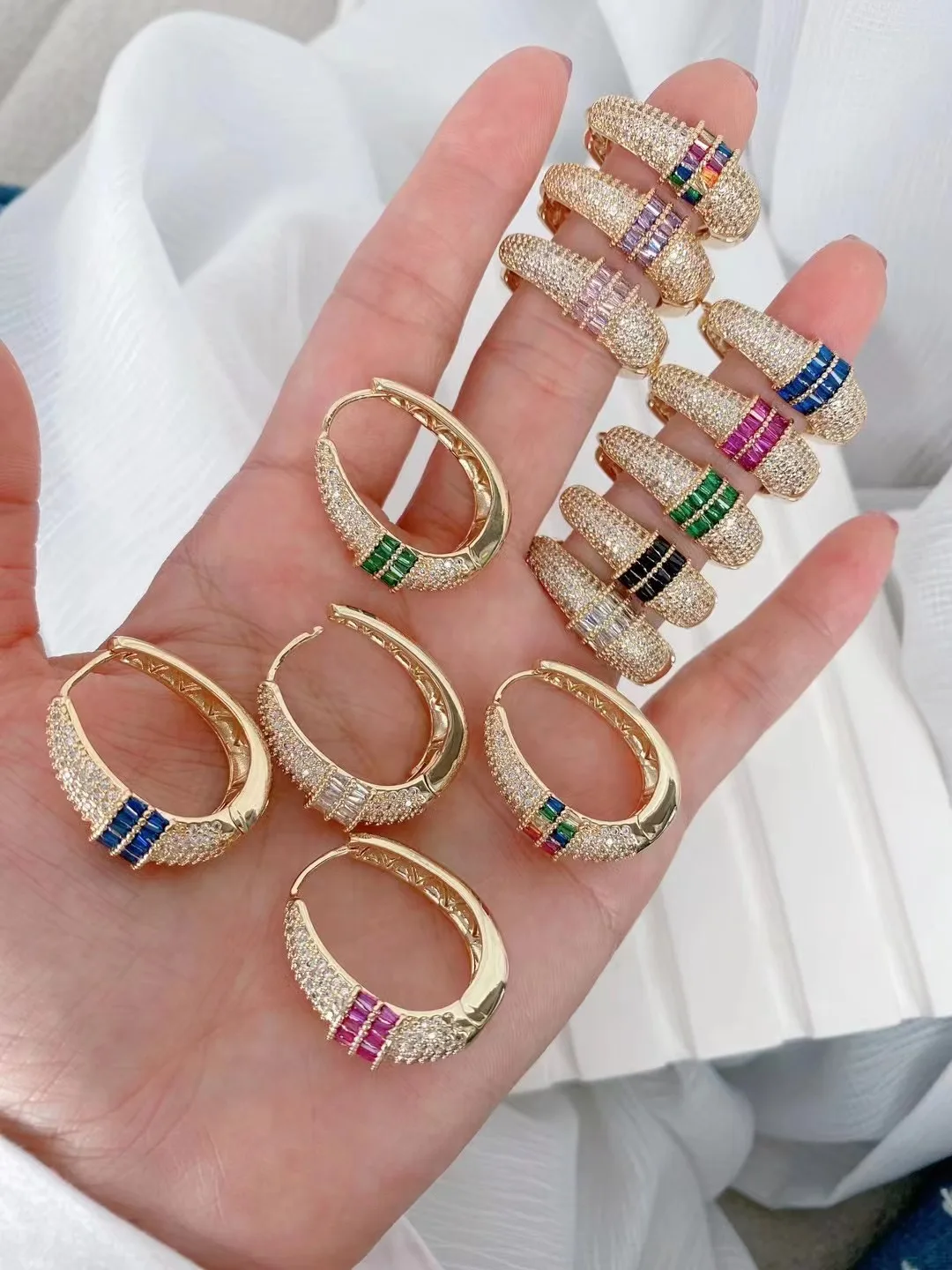 3 Pairs, New Trendy Colorful Crystals Copper Zircon Geometric Earrings Fashion Bohemian Rainbow Hoops Jewelry Gift For Women