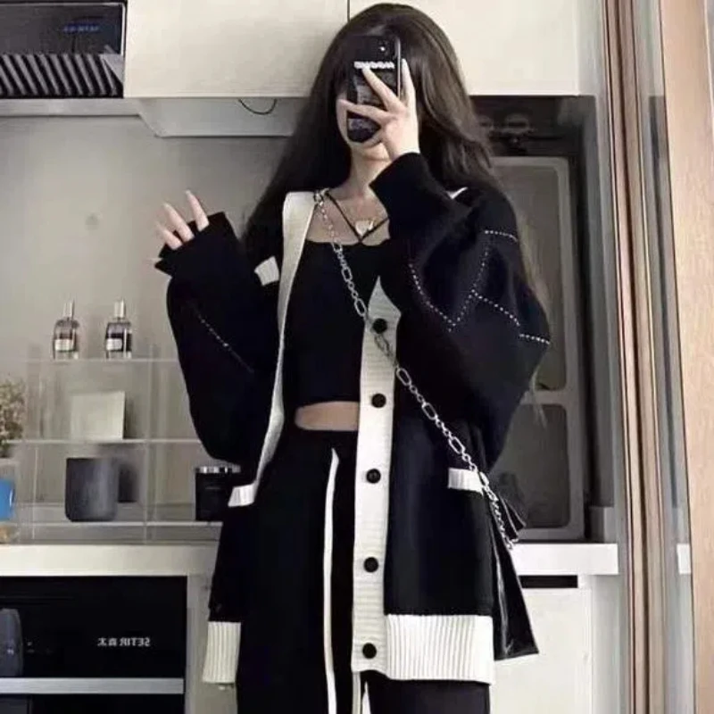 

Black Plus Size Sweater Knitted Cardigan Jacket Women's Lazy Style Casual Loose Top Trendy