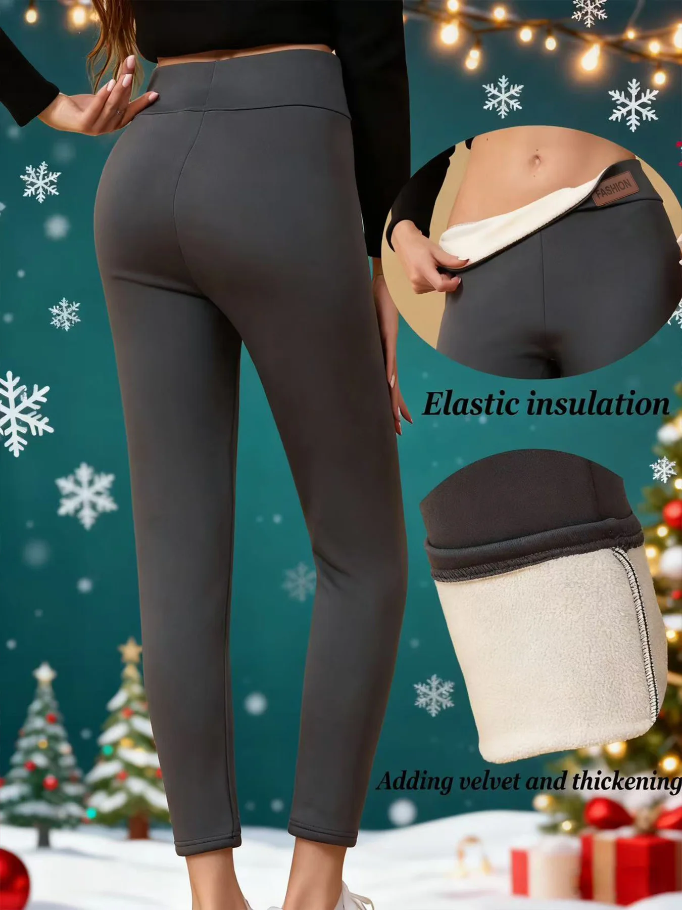 【4 عبوات من السراويل الشتوية الدافئة】بنطلون نسائي عالي الخصر مبطن بالصوف، أحمر/أزرق كحلي/أسود/رمادي، مناسب للارتداء الرياضي، عيد الميلاد #2