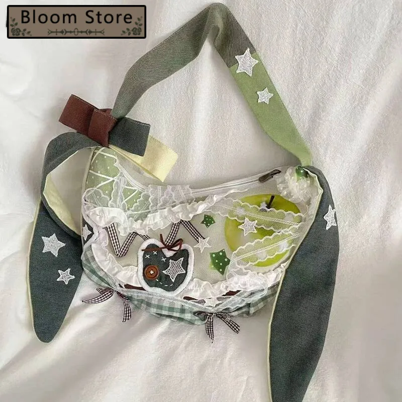 

Haruku Y2k Aesthetic Ins Underarm Women Contrast Color Plaid Rabbit Ear Canvas Bag Grunge Patchwork Lace Shoulder Handbags