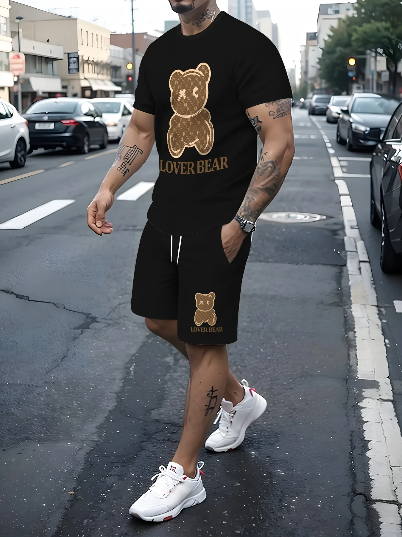 

2025 Summer Men's Fashion Bear Printed Soft and Breathable Round Neck T-shirt Shorts Set Outdoor Casual Two Piece Set