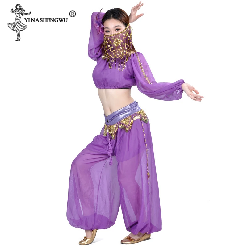 Women Sexy Bollywood Belly Dance Costume Set Indian Sari Bellydance Pants Suit Chiffon Veil Bellydance Performance Bloom Suit