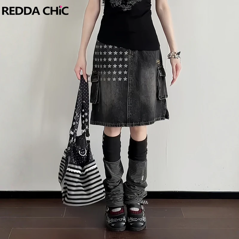 REDDACHiC Star Y2k Women Cargo Jean Skirt Grunge Multi-pocket Do Old A-line Low Rise Denim Long Skirt Vintage Summer Clothes