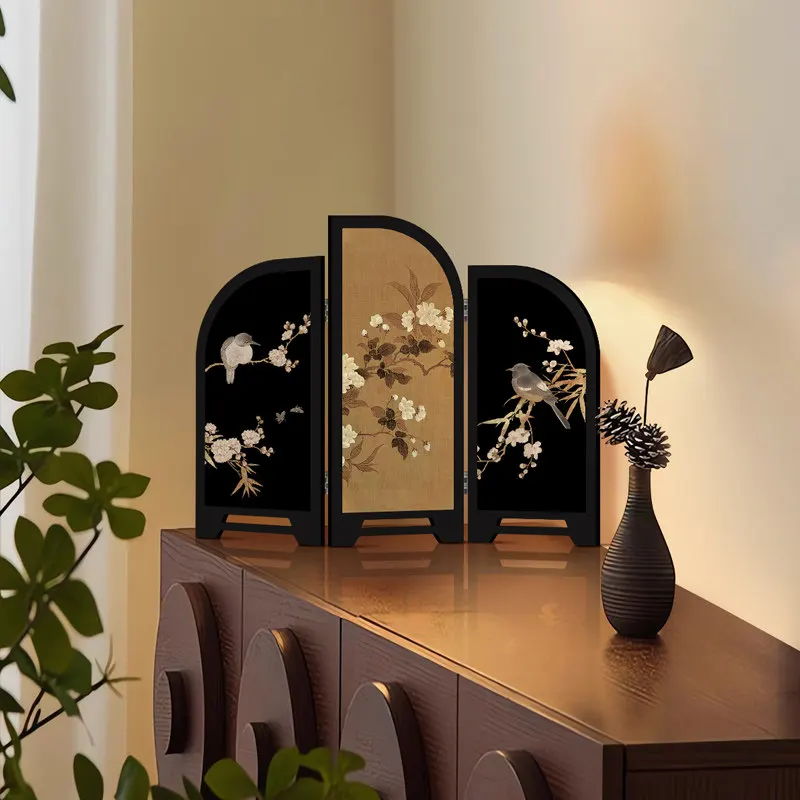 Chinese Style Mini Folding Screen Desk Ornament, Vintage Tabletop Room Divider, Small Home Office Tea Room Decor