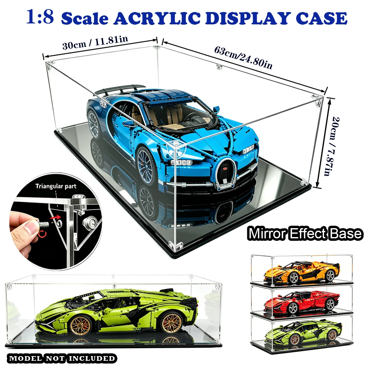 1:8 Racing Car Model Acrylic Display Case with Mirror-Effect Base — No Tools Required, Quick Assembly Perfect for Racing and Action Figures, Building Models.