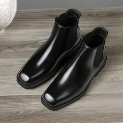 mens fashion business wedding chelsea boots designer square toe shoes cowboy genuine leather boot cool platform ankle botas male