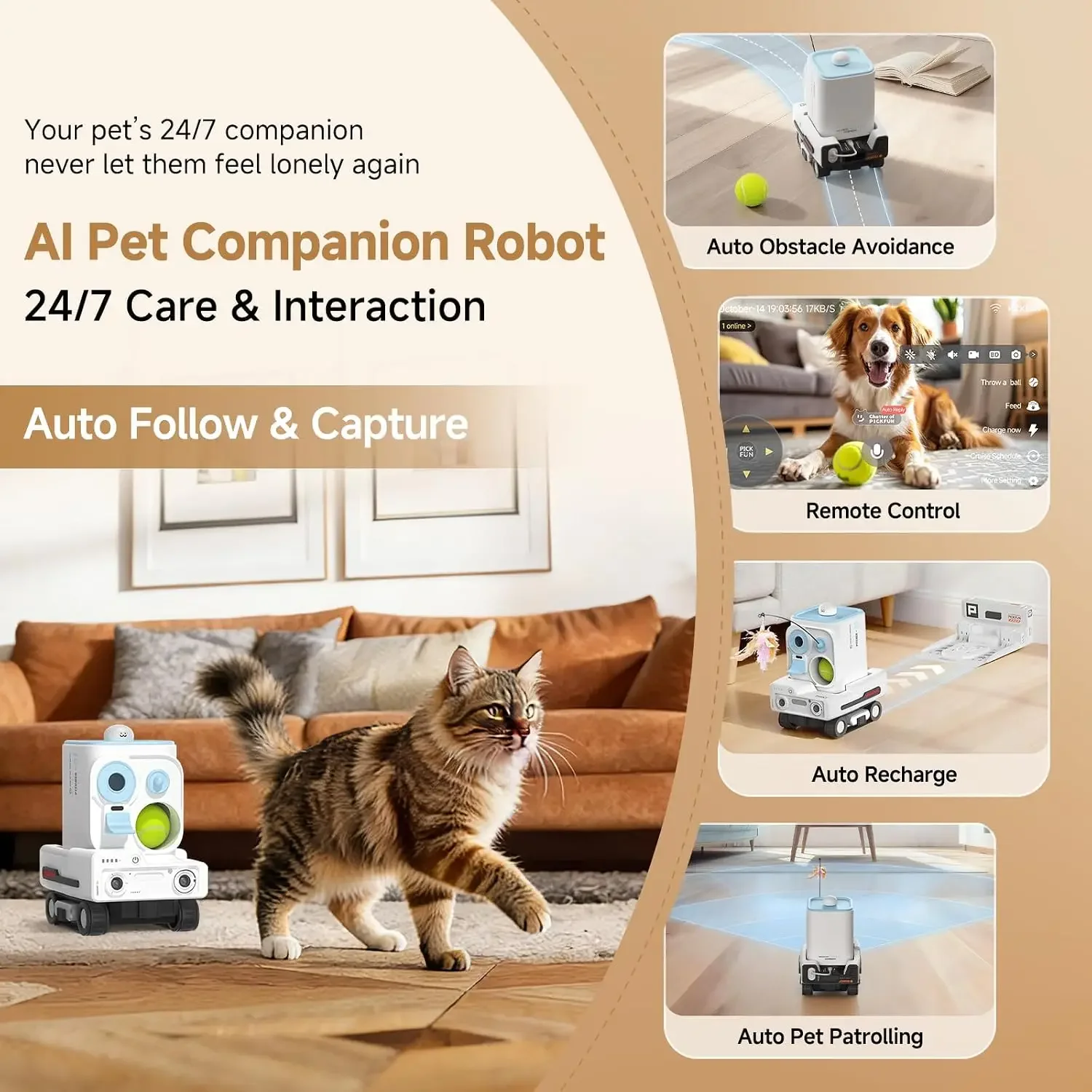 Pmate AI Pet Camera Robot Companion for Dogs & Cats Robot Camera with Visual Recognition Remote Video Interaction Auto Feeding