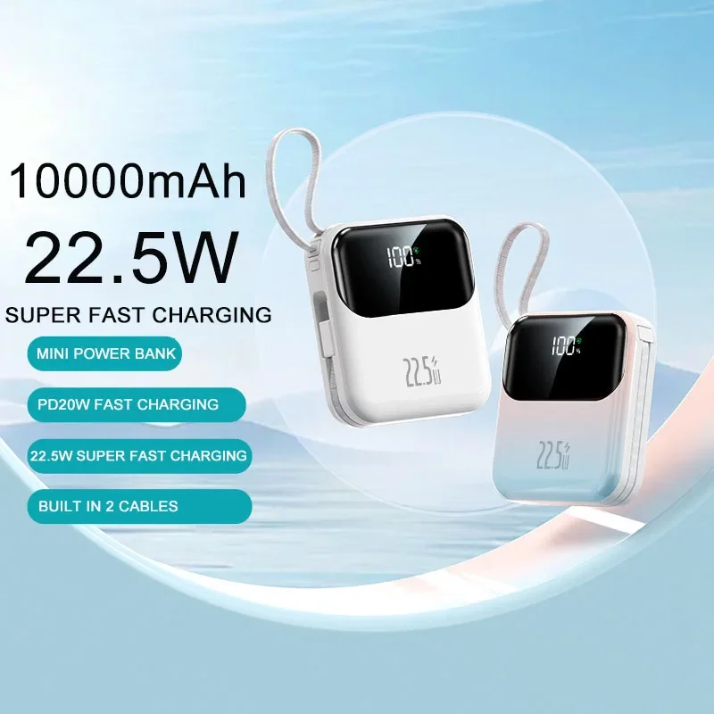 22.5W 10000mAh Portable Power Bank With USB C Cable PD20W Two-way Fast Charging Mini Powerbank for iPhone 15 Samsung ﻿Xiaomi New