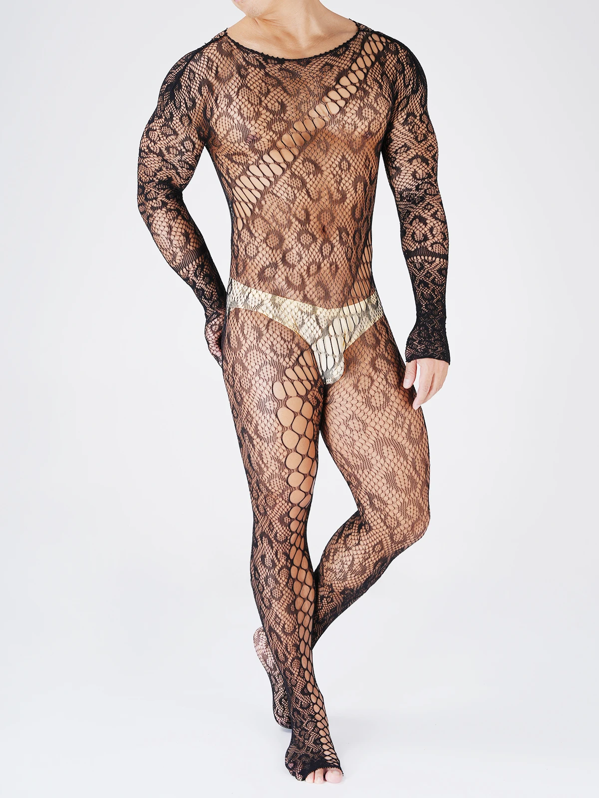 

Sexy Men Lace Jumpsuit Hollow Out One-piece Body Stockings Pantyhose Party Clubwear Sheer Fishnet Crossdress Erotic Lingerie