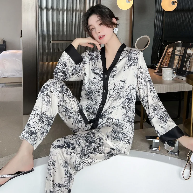 New Two-Piece Pajamas Female Spring And Autumn Summer Maternity Ice Silk Home Wear Monthly Clothing Breastfeeding Pajamas