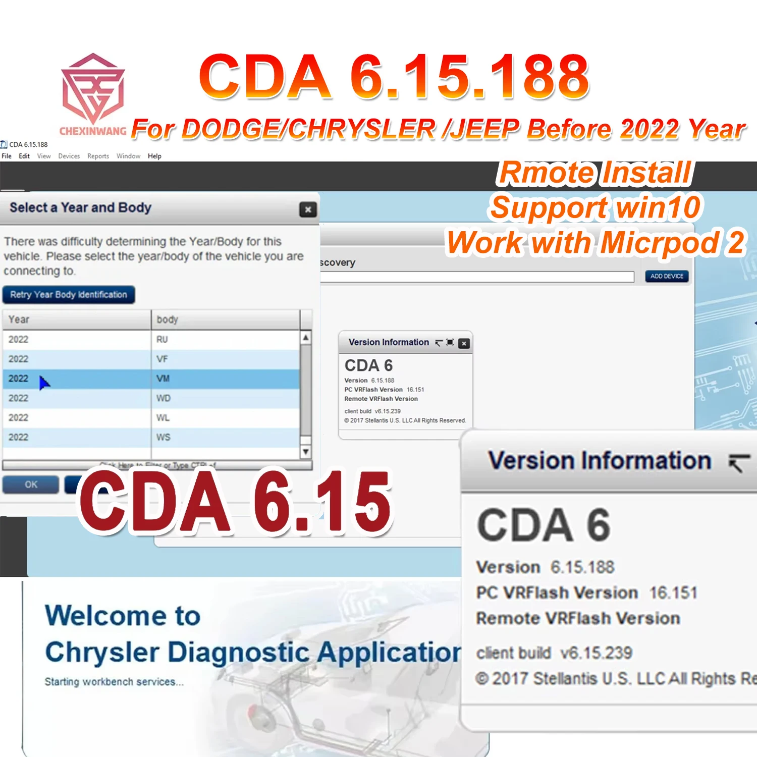 

Newest CDA 6 CDA 6.15.188 Engineering Software Work with MicroPod 2 II for FLASH Downloader AND VIN EDITING for DODGE/CHRYSLE