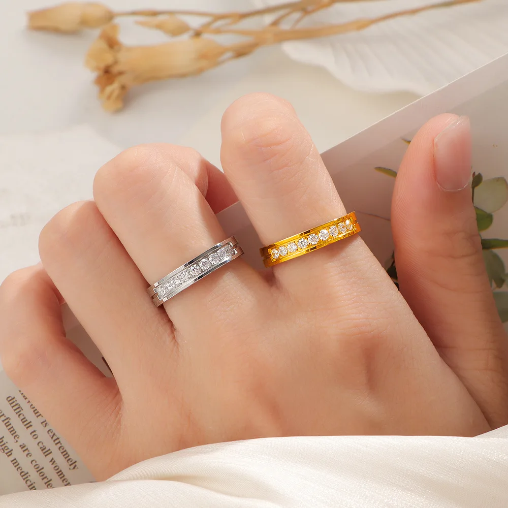 4mm Stainless Steel Pave CZ Grooved Ring Wedding Band for Men Women Size 5-10