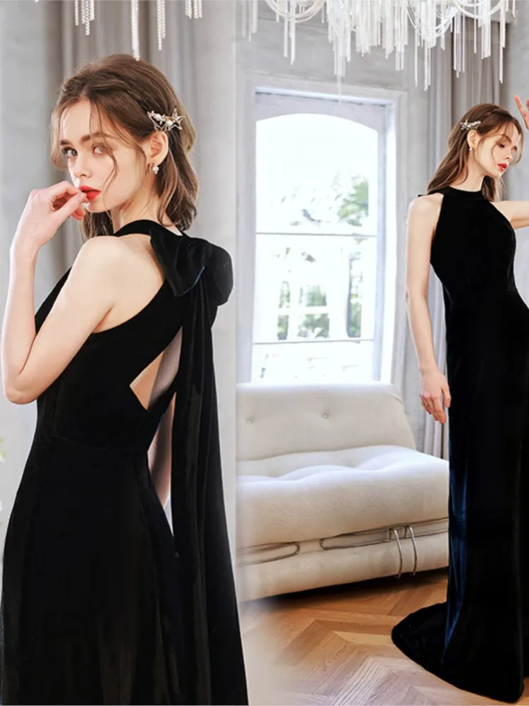 

Elegant and black halter-neck birthday party piano performance host dress