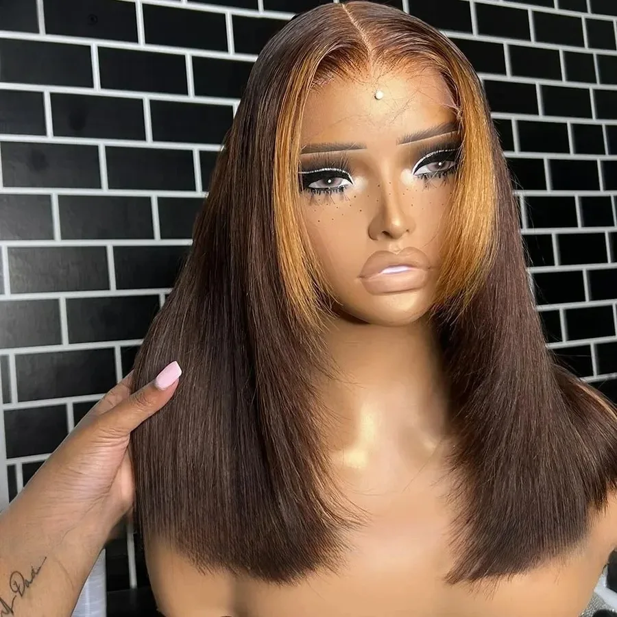 

Chocolate Brown Highlight Blonde Layered Cut Straight Lace Frontal Wigs 13x4 Glueless PrePlucked Hd Lace Wig Synthetic And Blend