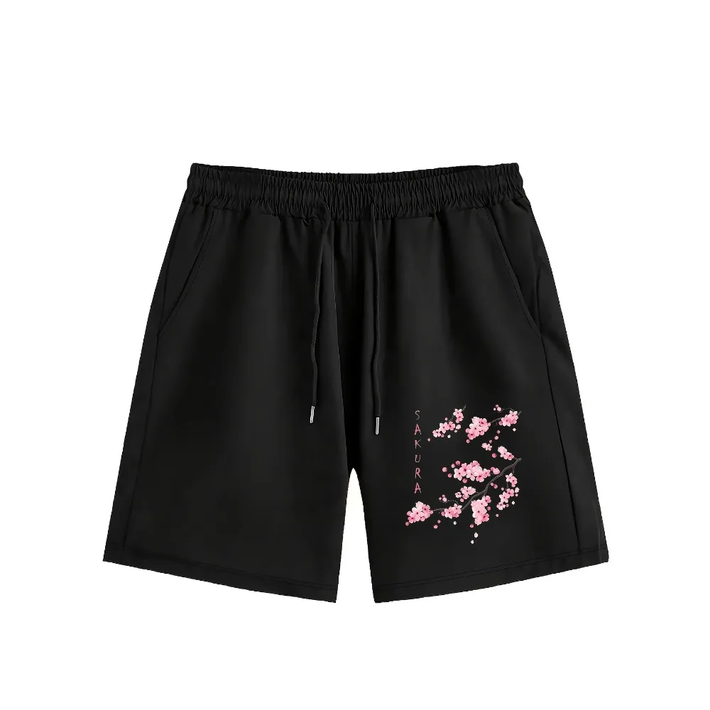 

Men's Black Cherry Blossom Printed Shorts for Summer, Suitable for Both Men and Women's Fitness Training and Sports Shorts