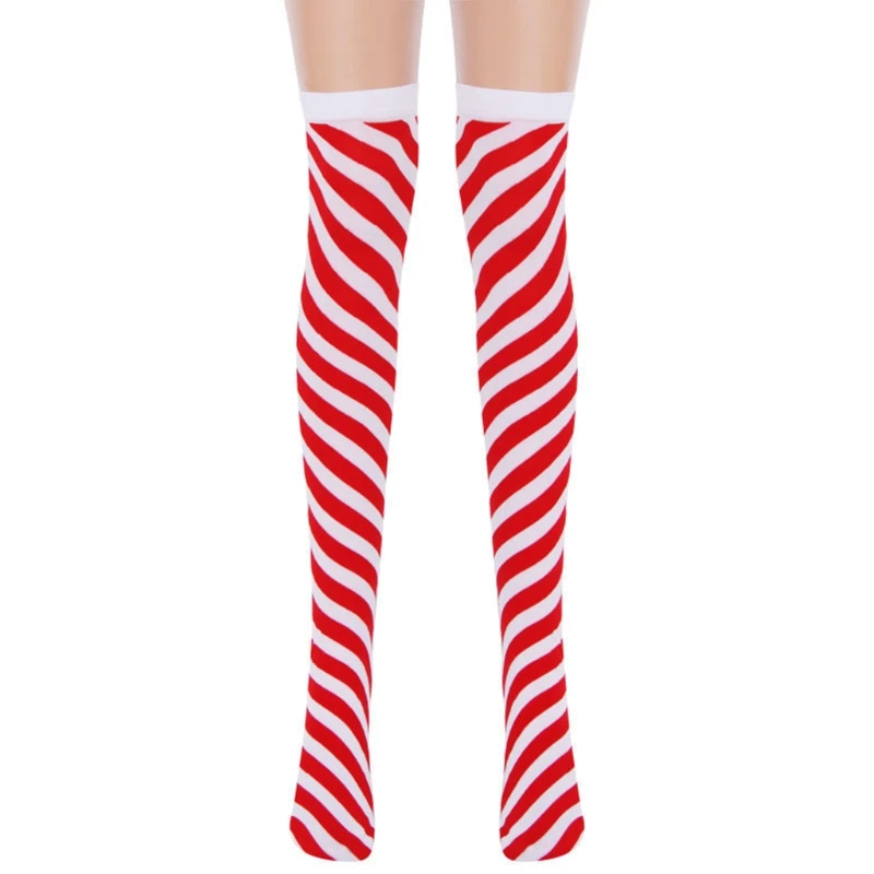 Women Christmas Peppermint Candy Cane Thigh High Socks Red White Striped Print Over Knee Long Stockings Cosplay Tights