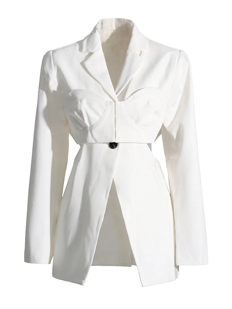 ROMISS White shoulder suit jacket design sense 2024 new exposed waist temperament long -sleeved lapel suit suit