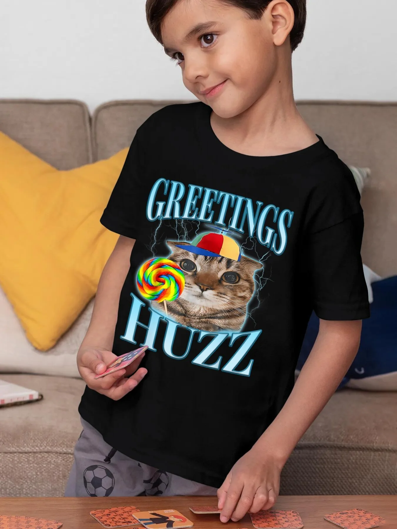 Lollipop Cat Meme Greetings Huzz Fun Print Kinder T-Shirt Kinder T-Shirt Rundhals Surfen Junge Mädchen T-Shirt Sommer Kurzarm