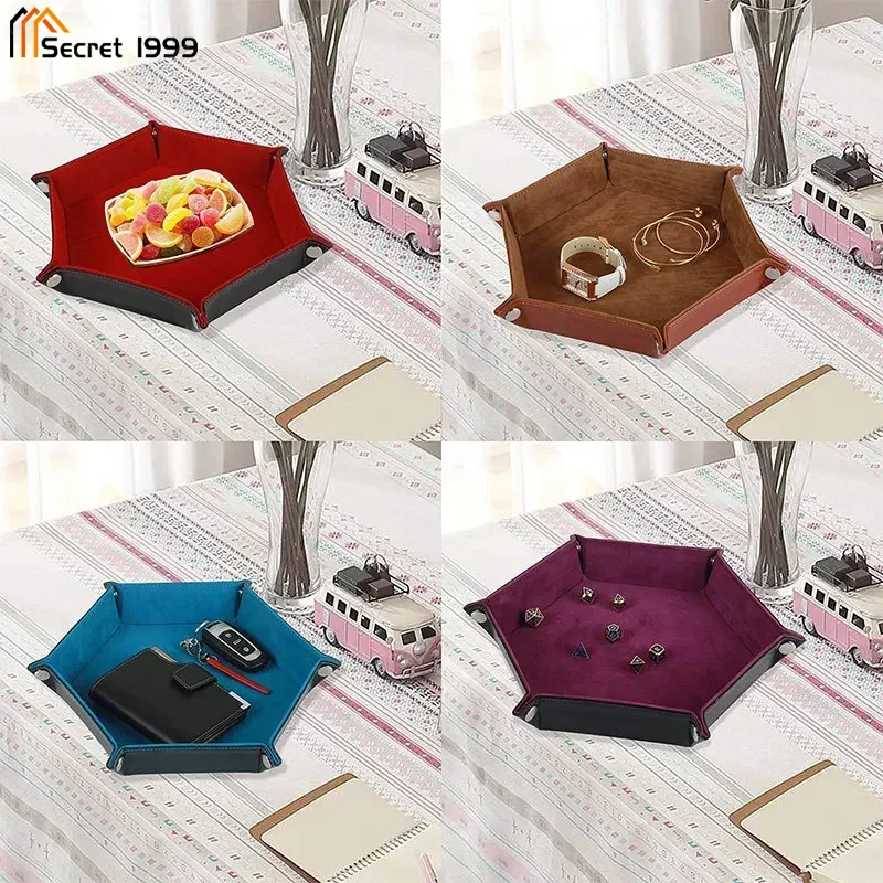 Foldable Dice Hexagonal Tray Box PU Leather Desktop Storage Box Folding Hexagon Coin Square Tray Dice Game 6 Styles