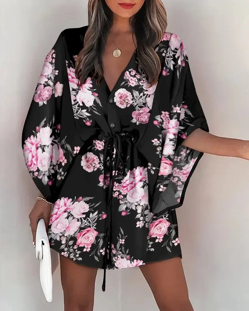 Women Summer Clothing Flying Sleeves V-neck Lace Up Floral Printed Beachwear Waisted Button Up Loose Geometric Dresses 3xl