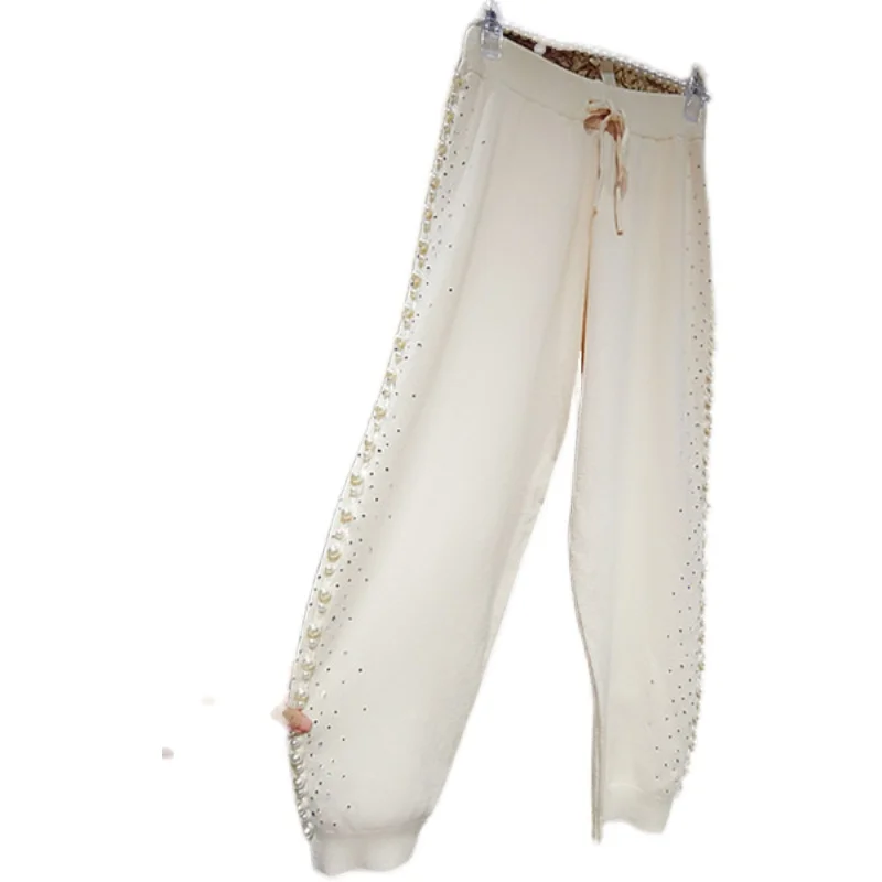 Korean Shiny Rhinestone Cashmere Pants Women Luxury Heavy Industry Beads Knitted Trousers Spring Autumn Warm Loose Harem Pants