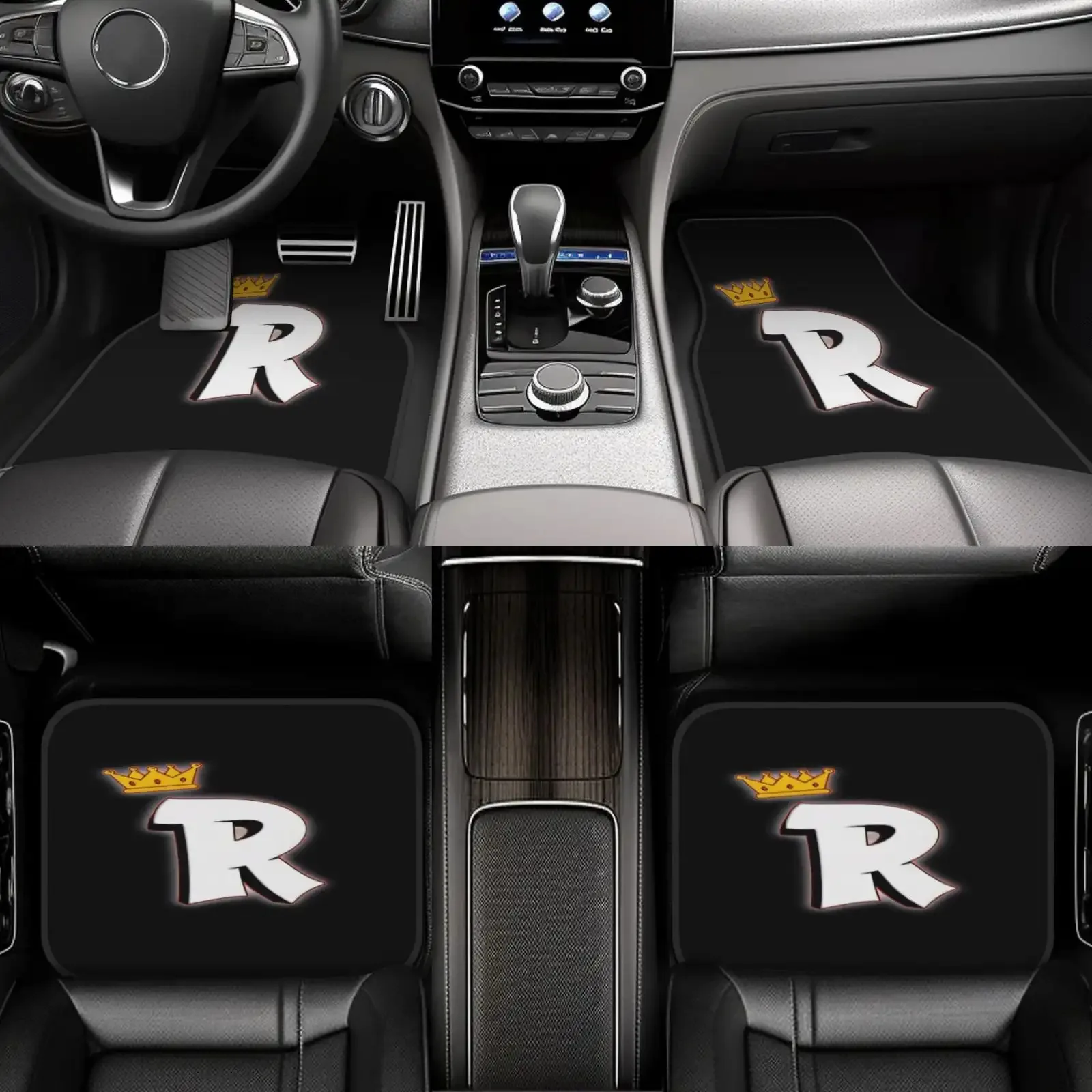 Set Of 4 Stylish Floor Mats Featuring The Letter 'R', Designed To Fit For All Vehicles. Made From Polyester Fiber, These Mats Ha