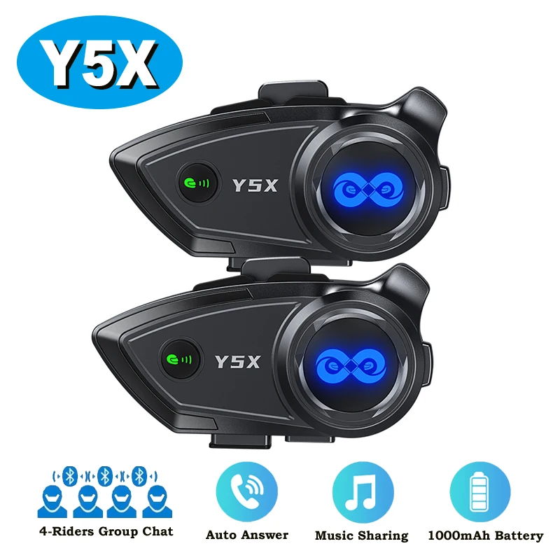

1/2Pcs Y5X Motorcycle Helmet Bluetooth Intercom Headset IPX6 Waterproof 4-Riders 1000M Group Chat Music Sharing Scene Mixing CVC