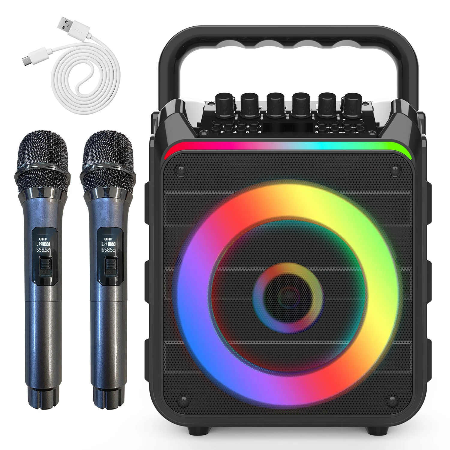 

2024 для Amazon, популярная профессиональная караоке-система со светодиодной подсветкой RGB мощностью 15 Вт, микрофонами и динамиком BT