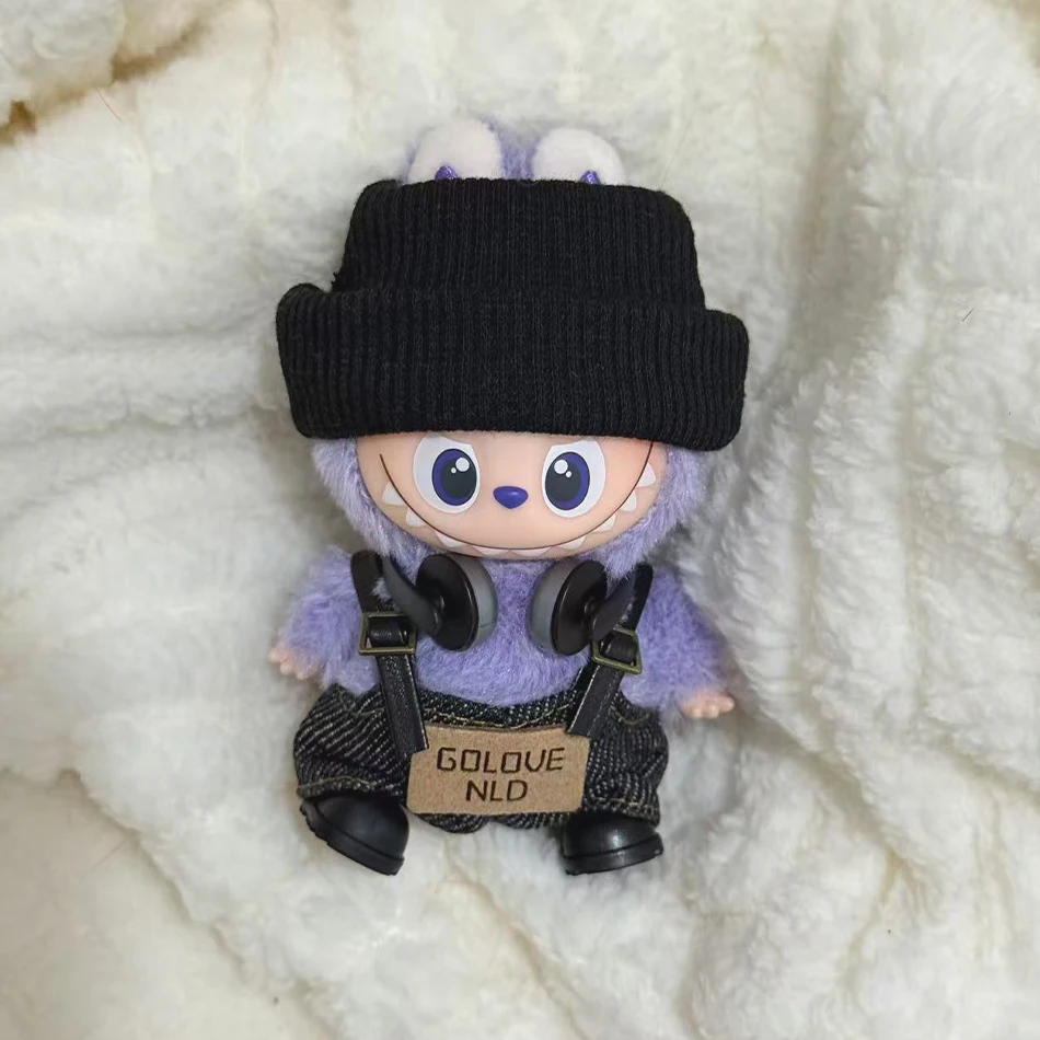 For Mini Labubu Pin For Love Black Bib Overalls Hairband V4 Doll Accessories Plush Doll Outdoor Keychain Lovely Outfit Toy Gifts