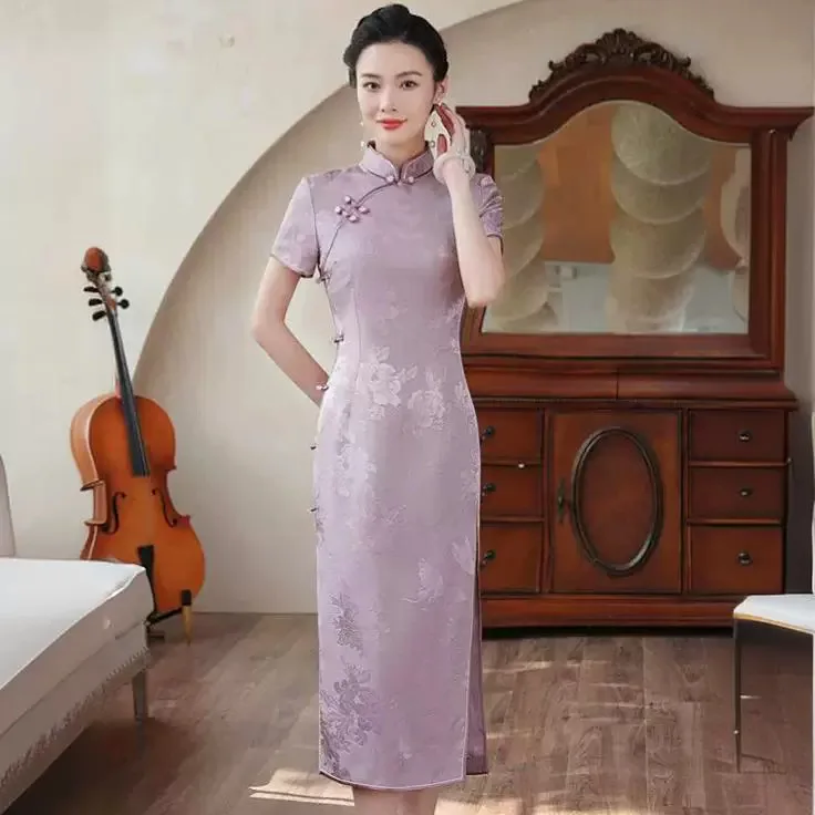 New Chinese Real Silk Cheongsam Qipao Summer 2024 Retro Dress Fit Temperament