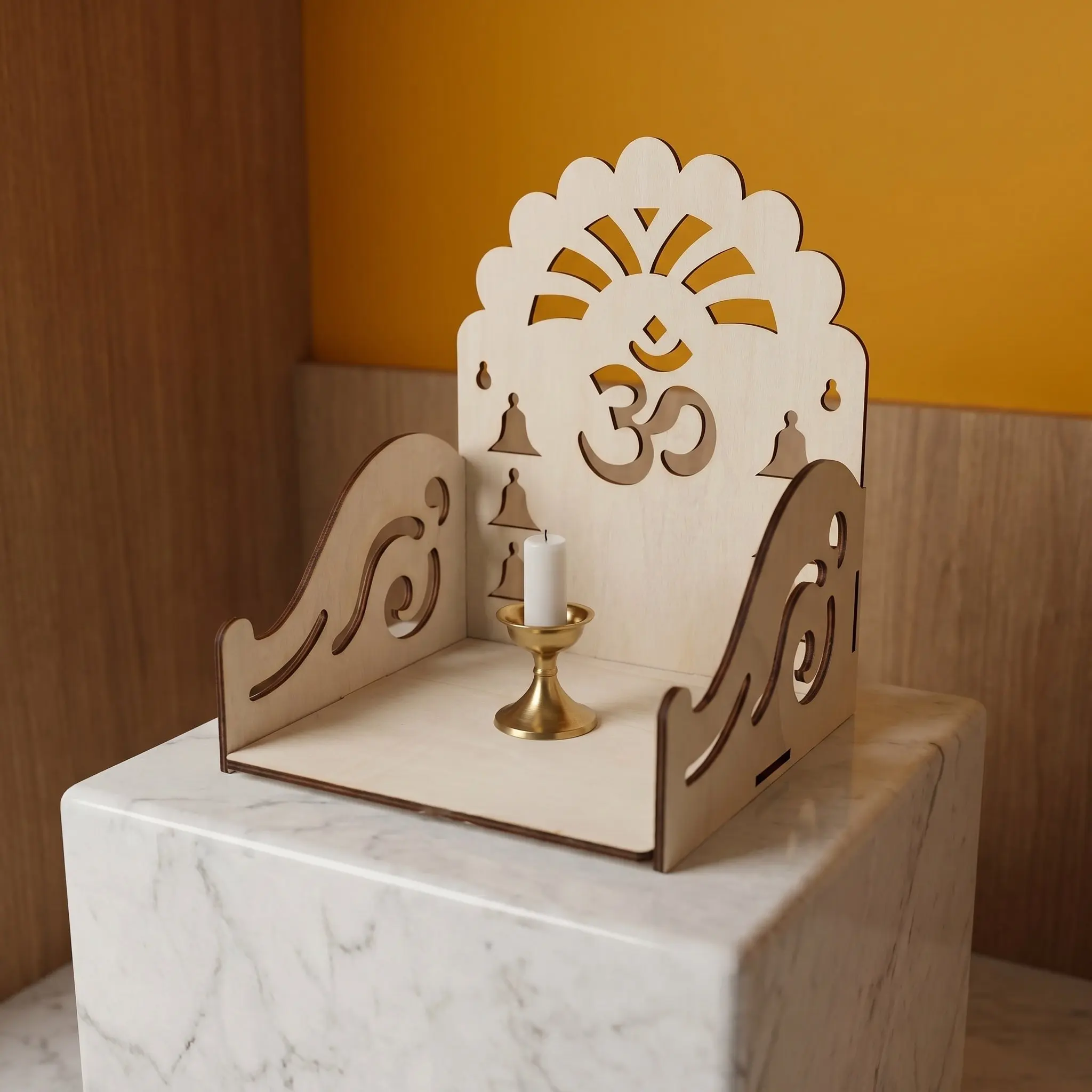 Carved Wooden Temple Wall Mounted Hanging Prayer Altar Shelf Small Pooja Temple God Stand Shelf Home Office Krishna Idol Display