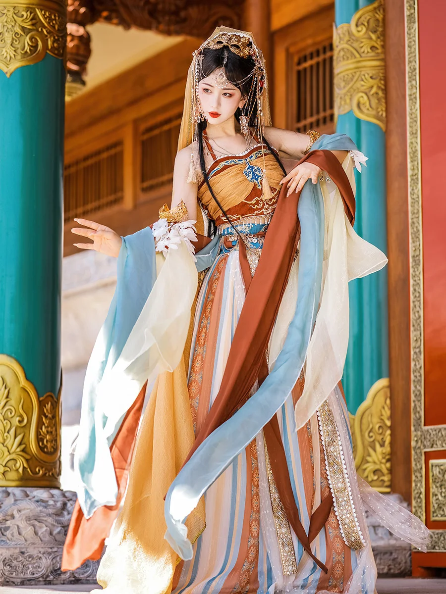 Princess of Tianzhu Original Dunhuang Exotic Customs Hanfu Soft Female Western Region Goddess Dance Full Set 7PCS Blue Orange