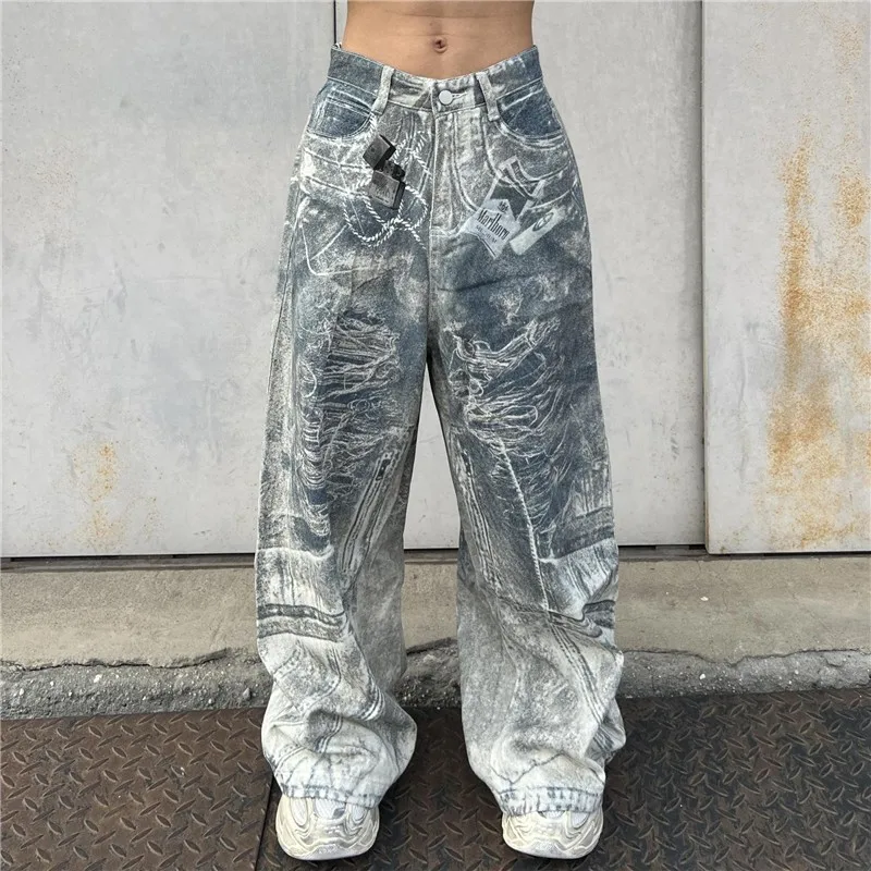 

Ретро американский джинсовый брелок с 3D принтом, мешковатые широкие брюки с цифровым принтом, высокая талия, длинная молния, прямая трубка Spor Sle