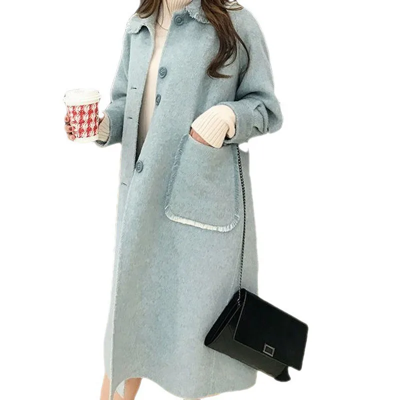 Haze blue double-sided cashmere coat women's medium and long loose small wool woolen coat