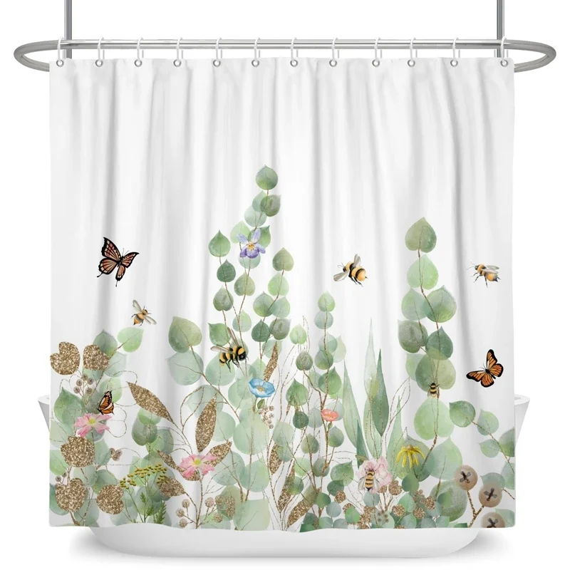 Green Eucalyptus Leaves Shower Curtains Watercolor Boho Floral Waterproof Morden Bathroom Bathtub Curtain Decor with Hooks