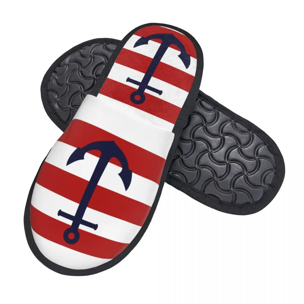 Custom Nautical Navy Blue Anchor On Red Stripes Soft Memory Foam House Slippers Sailing Sailor Comfy Warm Anti-skid Sole Slipper