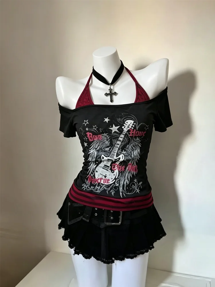 

New Summer European and American Punk Guitar Printed Tank Top with Strap and Sexy Hot Girl Top Versatile Solid Color Rock