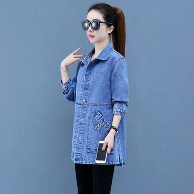 2024 Spring Autumn Women Denim Coat Cardigan Loose Mid-Length Jeans Jacket 5XL Pocket Street Bomber Casual Denim Outwear Female