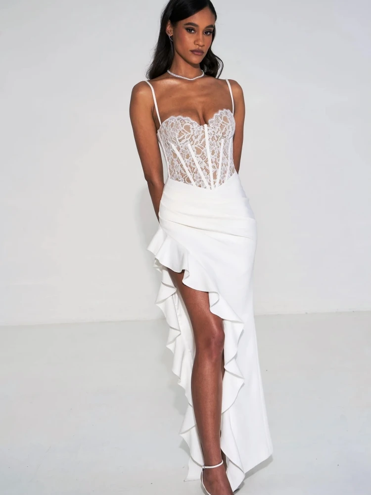 Sexy Spaghetti Strap Lace Patchwork abito lungo donna bianco senza maniche Ruffles Split abiti lunghi Nightclub abiti da sera per feste