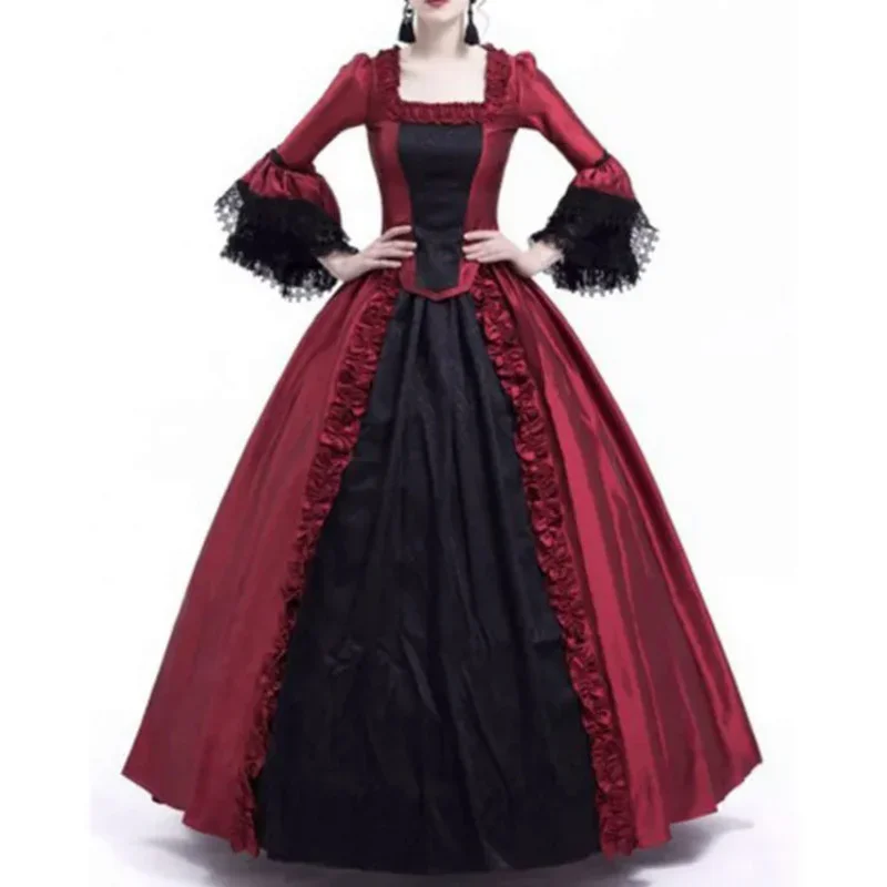 Halloween Women Victorian Medieval Queen Cosplay Costume Masquerade Witch Vampire Black Gothic Lace Stitching Long Court Dress