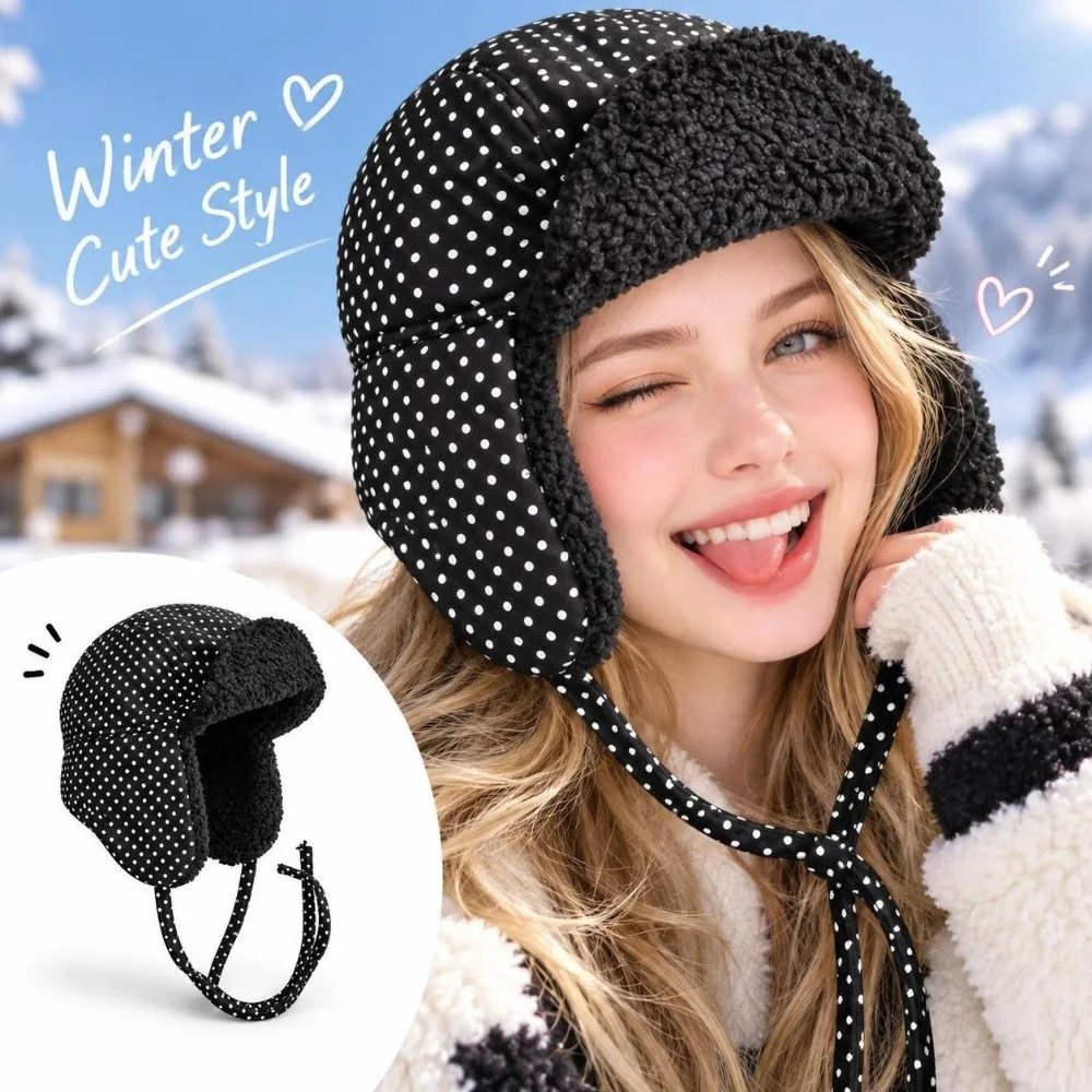 Polka Dot Pattern Ear Protection Hat Double-Sided Wear with Straps Winter Warm Hat Fleece Lining Thickened Lei Feng Hat