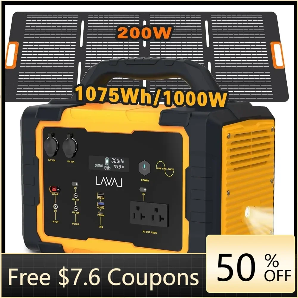 Solar Generator 1000W Portable Power Station with 200W Foldable Solar Panel, 120V/1000W AC Outlet,for Emergencies Use