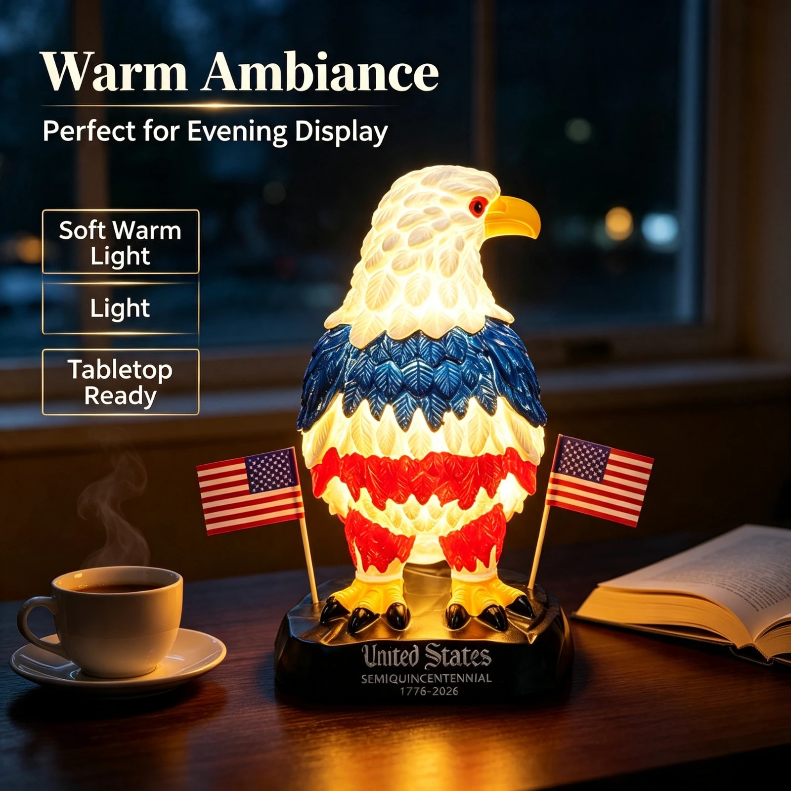 10.7x16cm LED Illuminated Eagle Lamp, Resin American Flag Statue Independence, Day Table Light 4th July, Home Decor Gift Ornamen