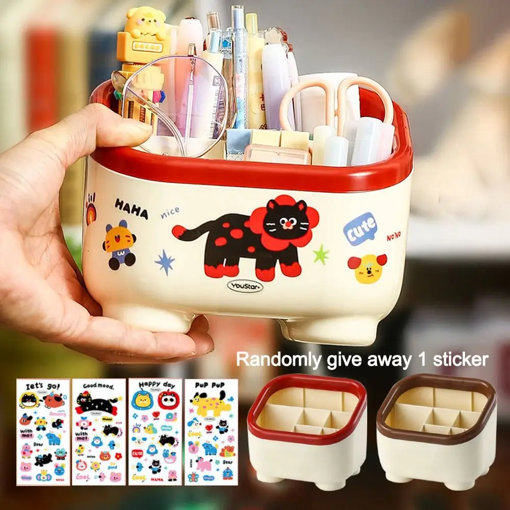 Cute Multi Grid Penholder Cartoon Pattern with Stickers Stationery Box Large Capacity Table Storage Box