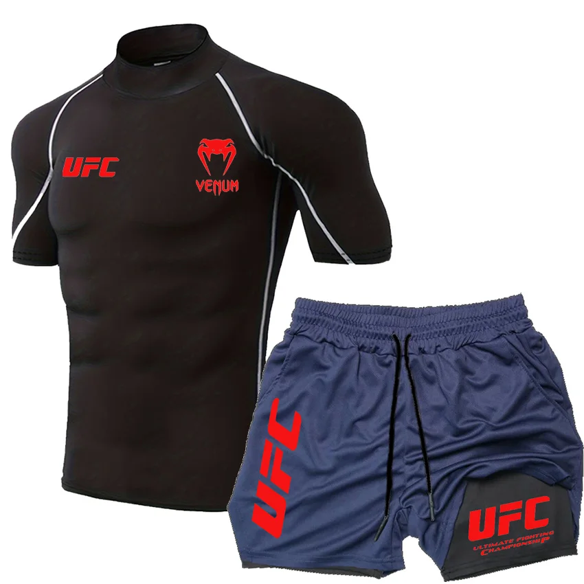 Summer New Outdoor Sports Fitness Street Jogging Men's Top and Bottom Suit UFC Logo Men's Tight Rlastic T-shirt Shorts Se