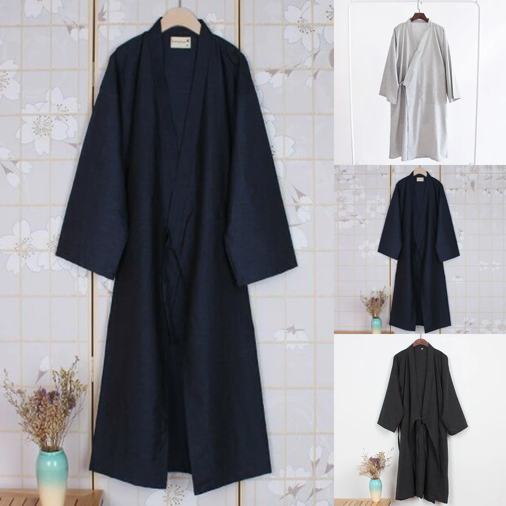 Fashion Japanese Style Kimono Robe Solid Color Lace Up Long Bathrobe Pajamas Belt Cotton Home Pijama Robes Clothing For Men