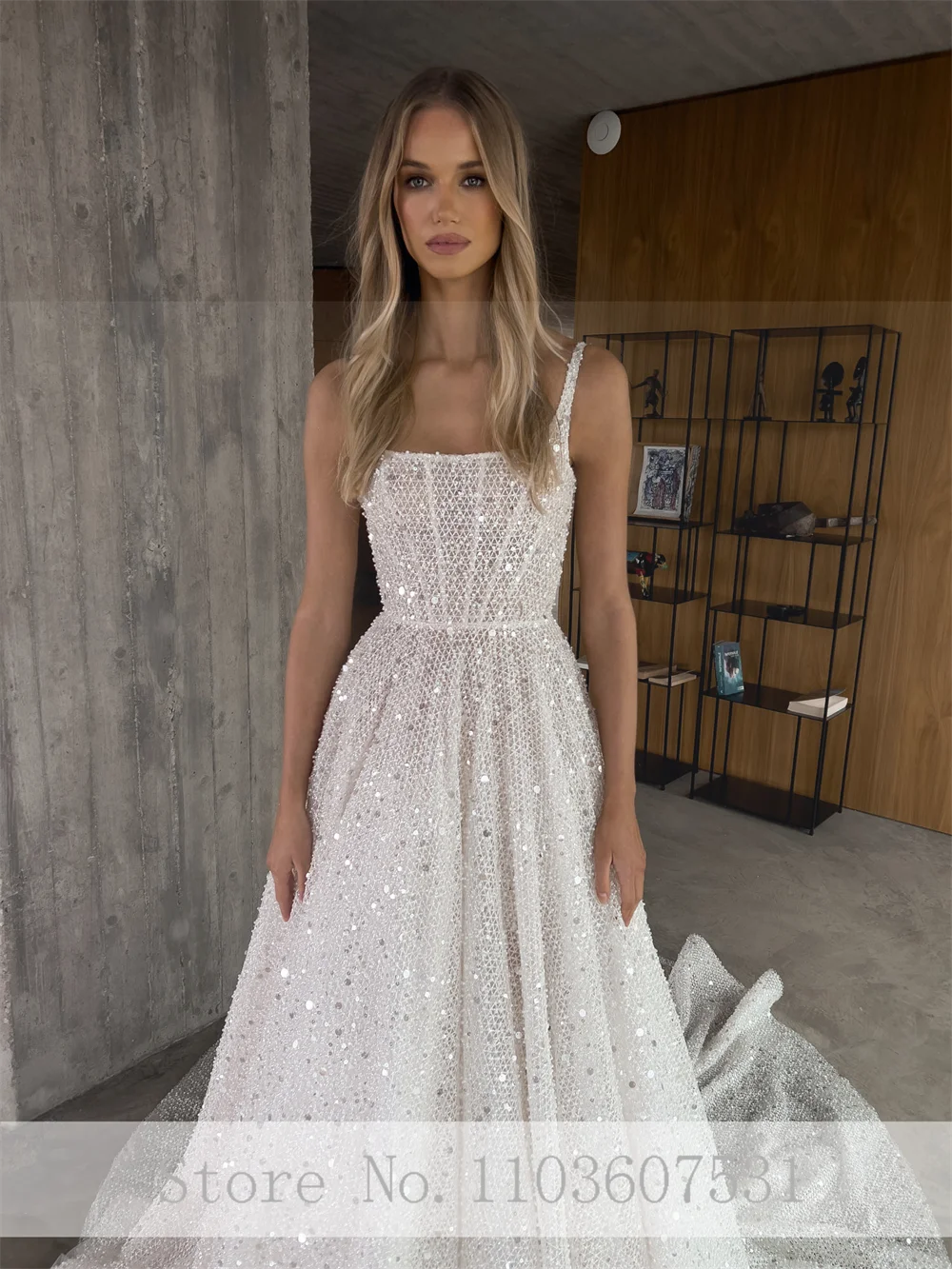 Elegante vestido de novia plisado con lentejuelas para mujer, brillante con cuello cuadrado vestido de novia, corte de línea A, Espalda descubierta, vestido de fiesta de boda