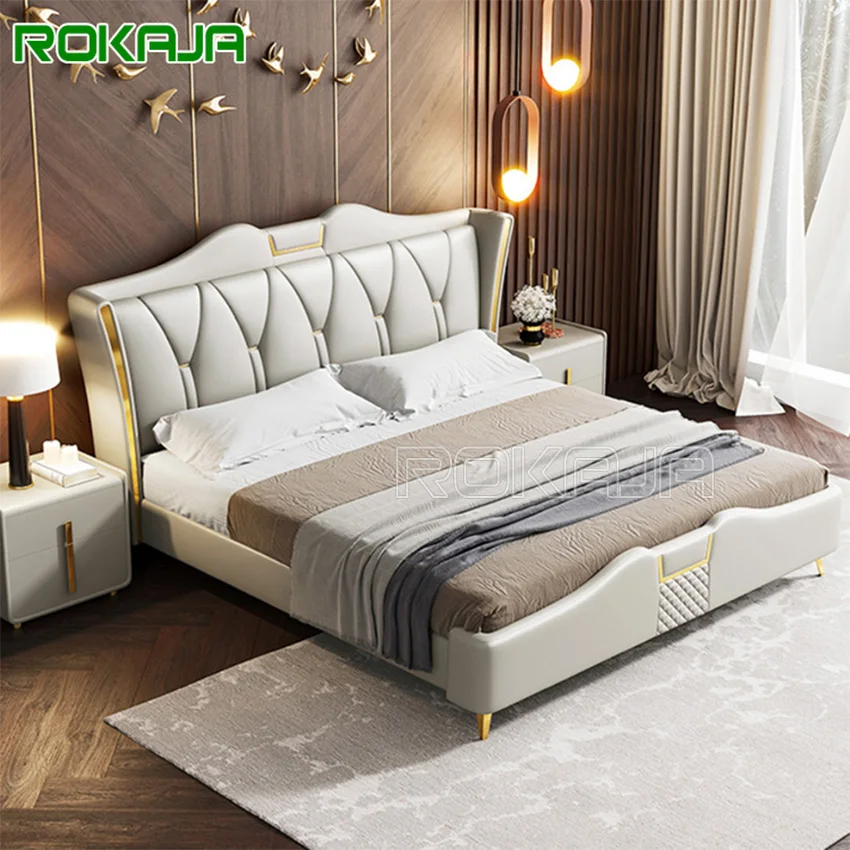 Luxury Upholstered Double Wedding Bed Master Bedroom Leather Wood Single Queen King Size Bed Hotel Bedroom Set